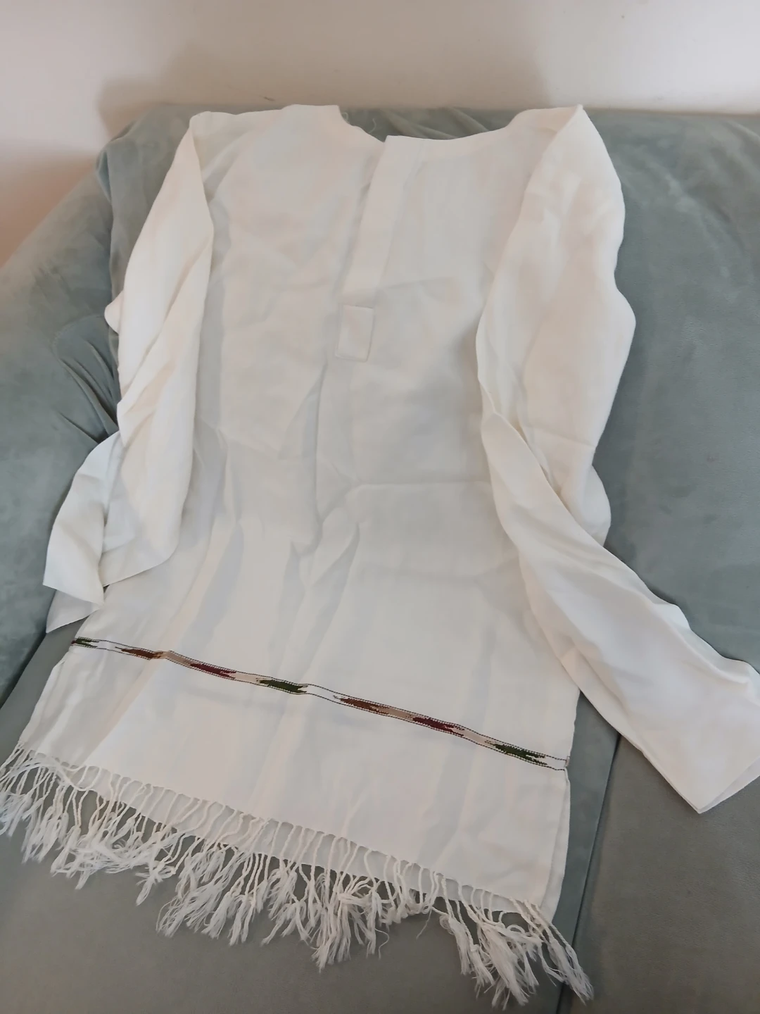 Traditional White Cotton Tunic with Fringed Hem