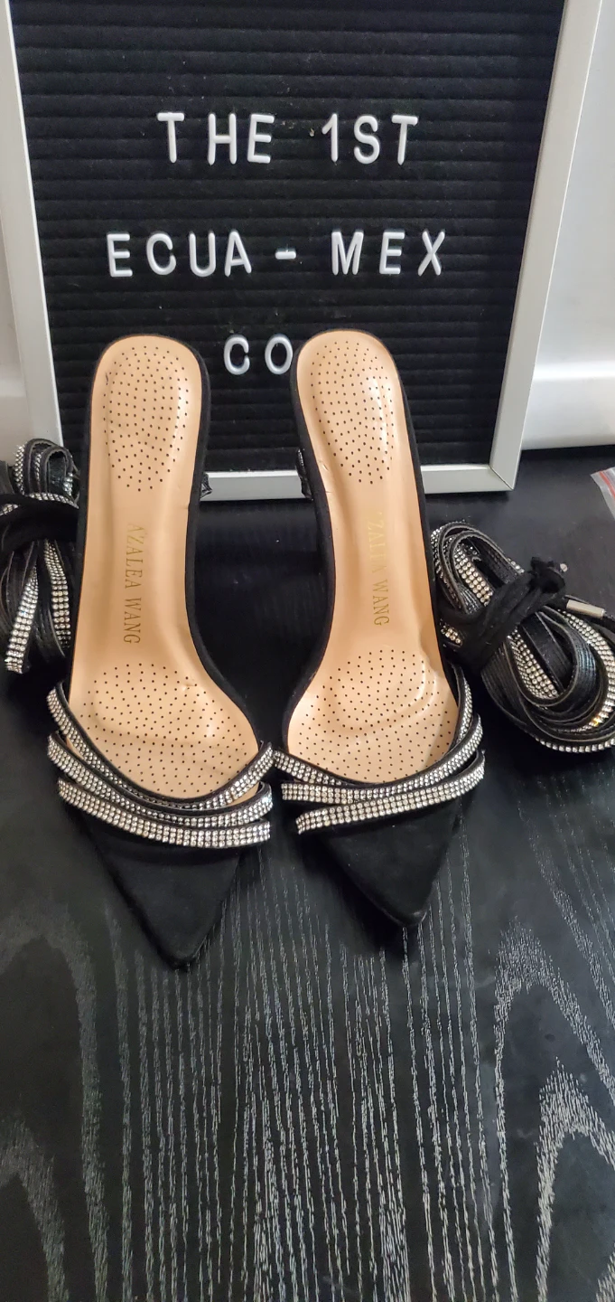 Azalea Wang Black Rhinestone Lace-Up Heels