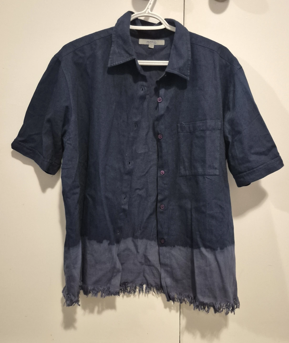 Moto Blue Frayed Hem Button-Down Shirt