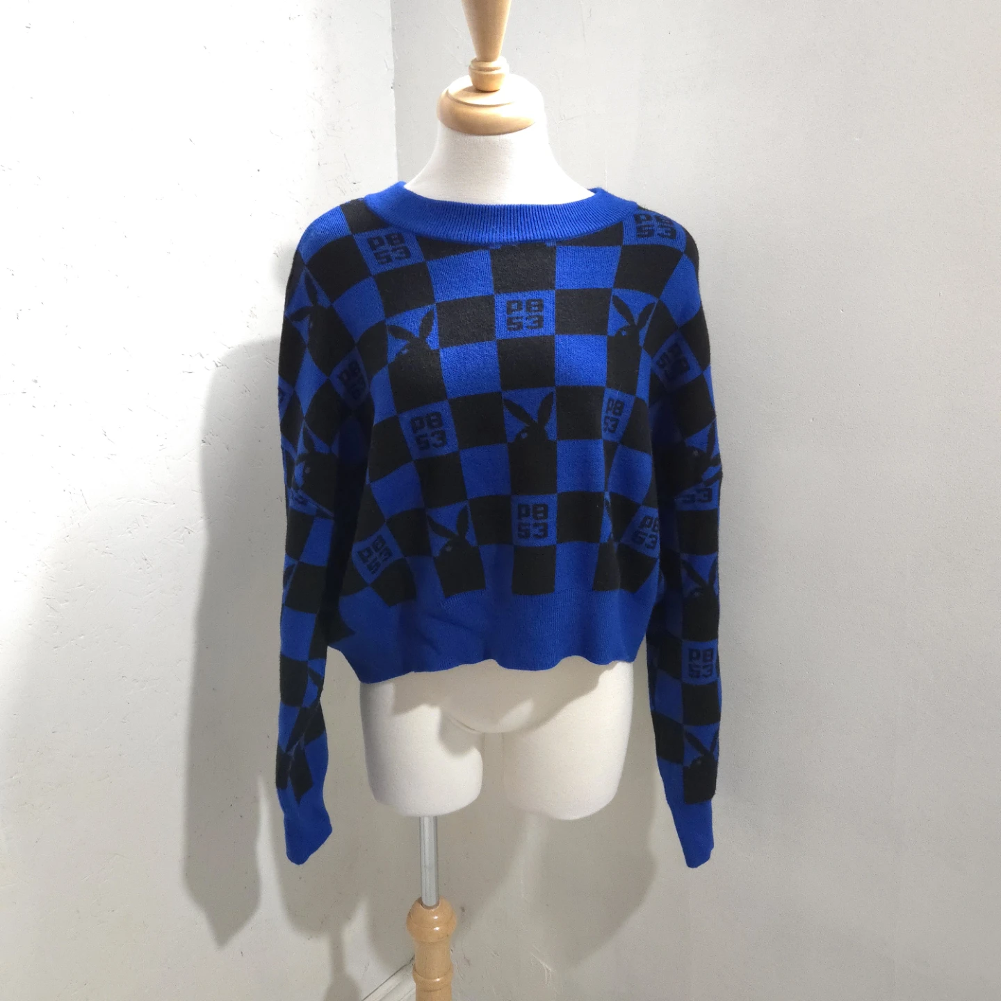 Playboy blue Checkered Knit cropped Sweater - photo 2