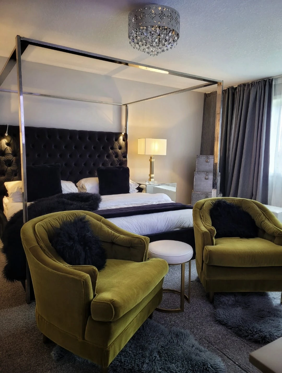 Chrome Canopy Bed Frame with Black Tufted Headboard - photo 2