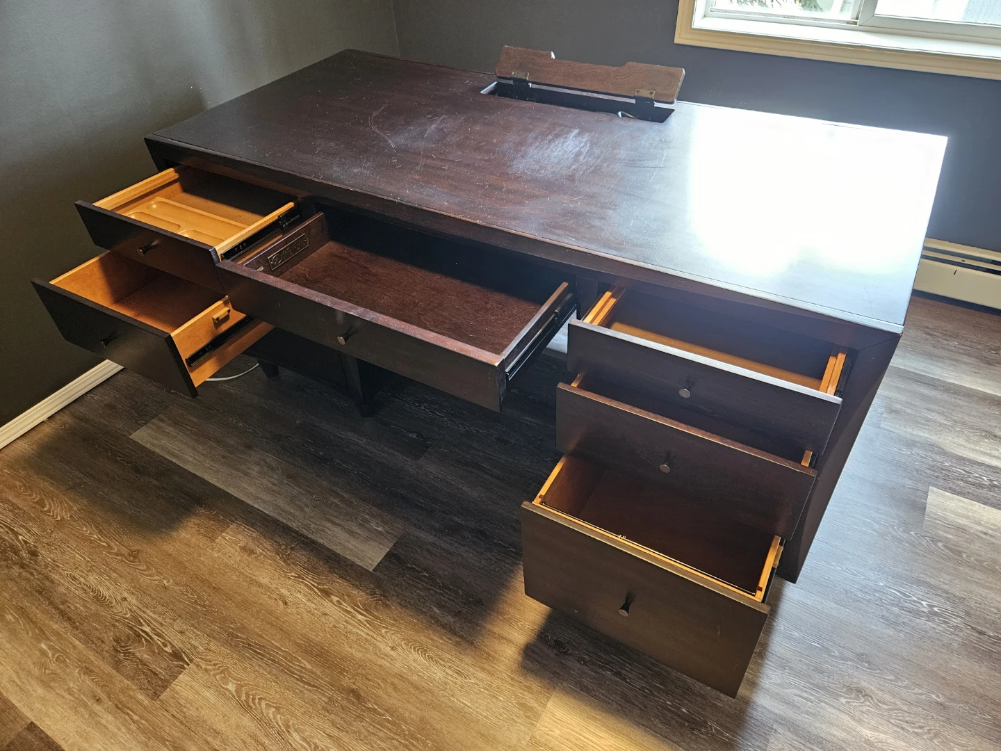 Dark Wood Executive Desk with Power Outlet - photo 5