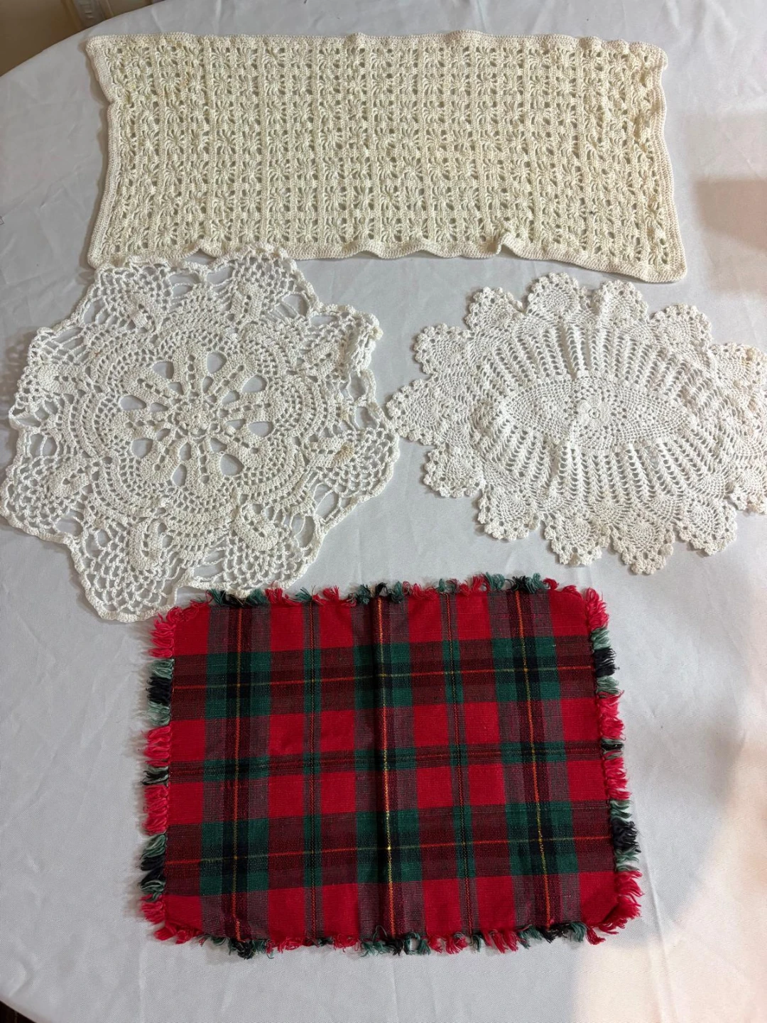 Assorted Vintage Doilies and Plaid Placemat Set