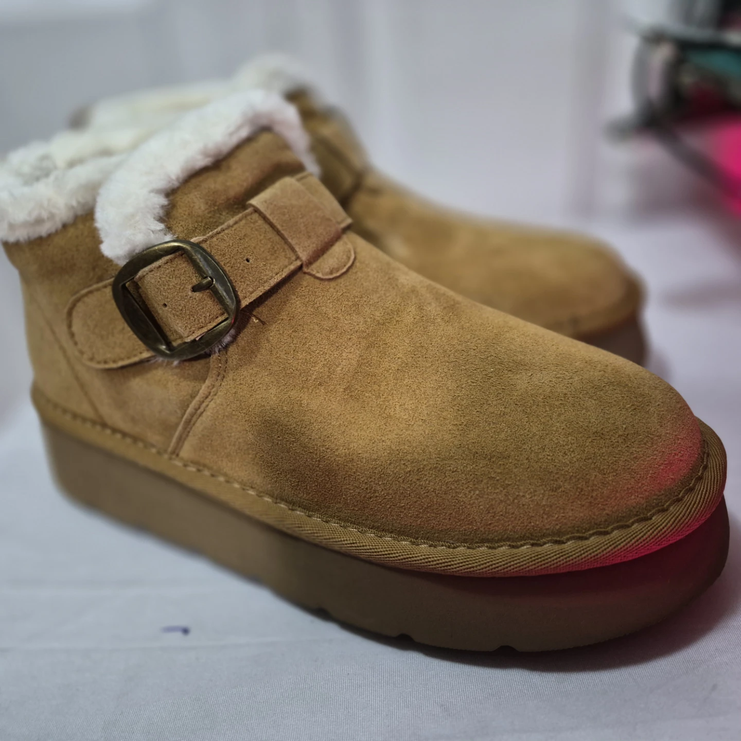 #9 Tan Faux Suede Buckle Ankle Boots with Faux Fur Lining