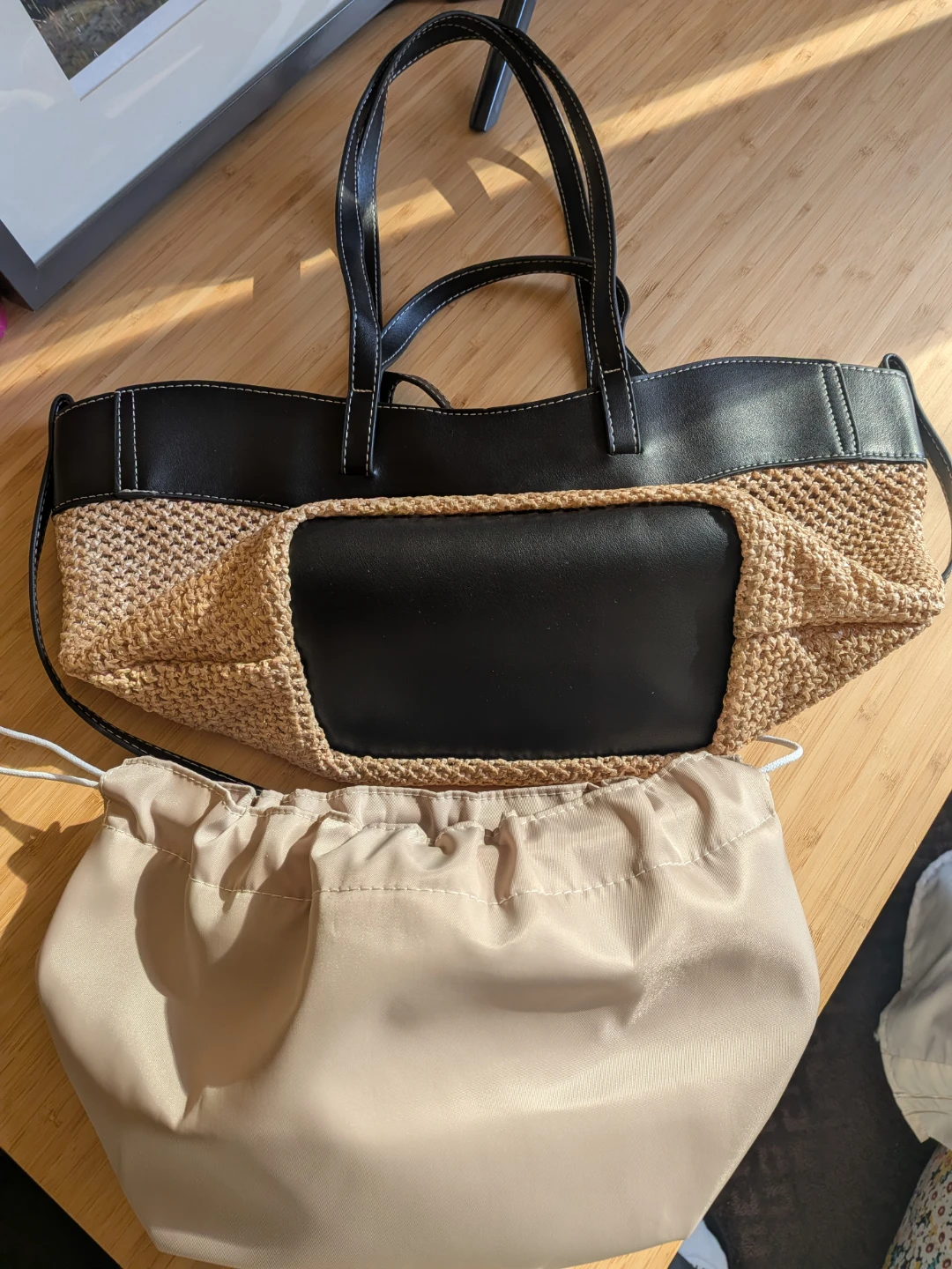 Woven Straw and Black Faux Leather Tote Bag
