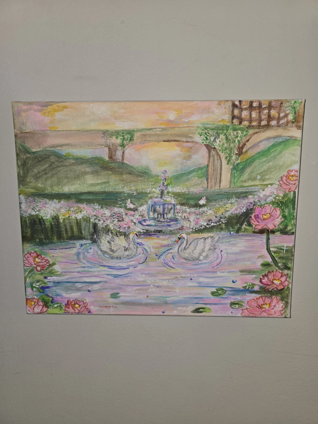 Hand-painted Canvas Art - Swan Pond Scene