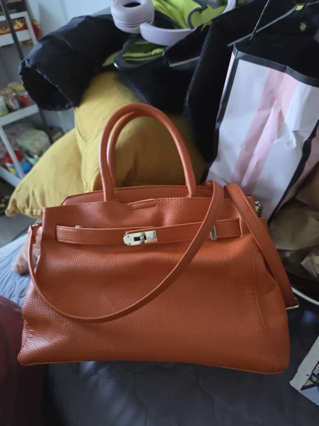 Orange Faux Leather Satchel Handbag