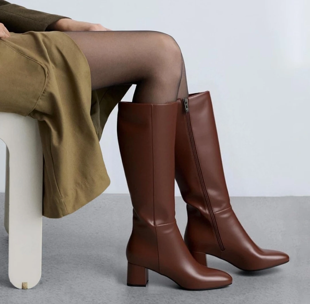 Brown knee-high block heel boots