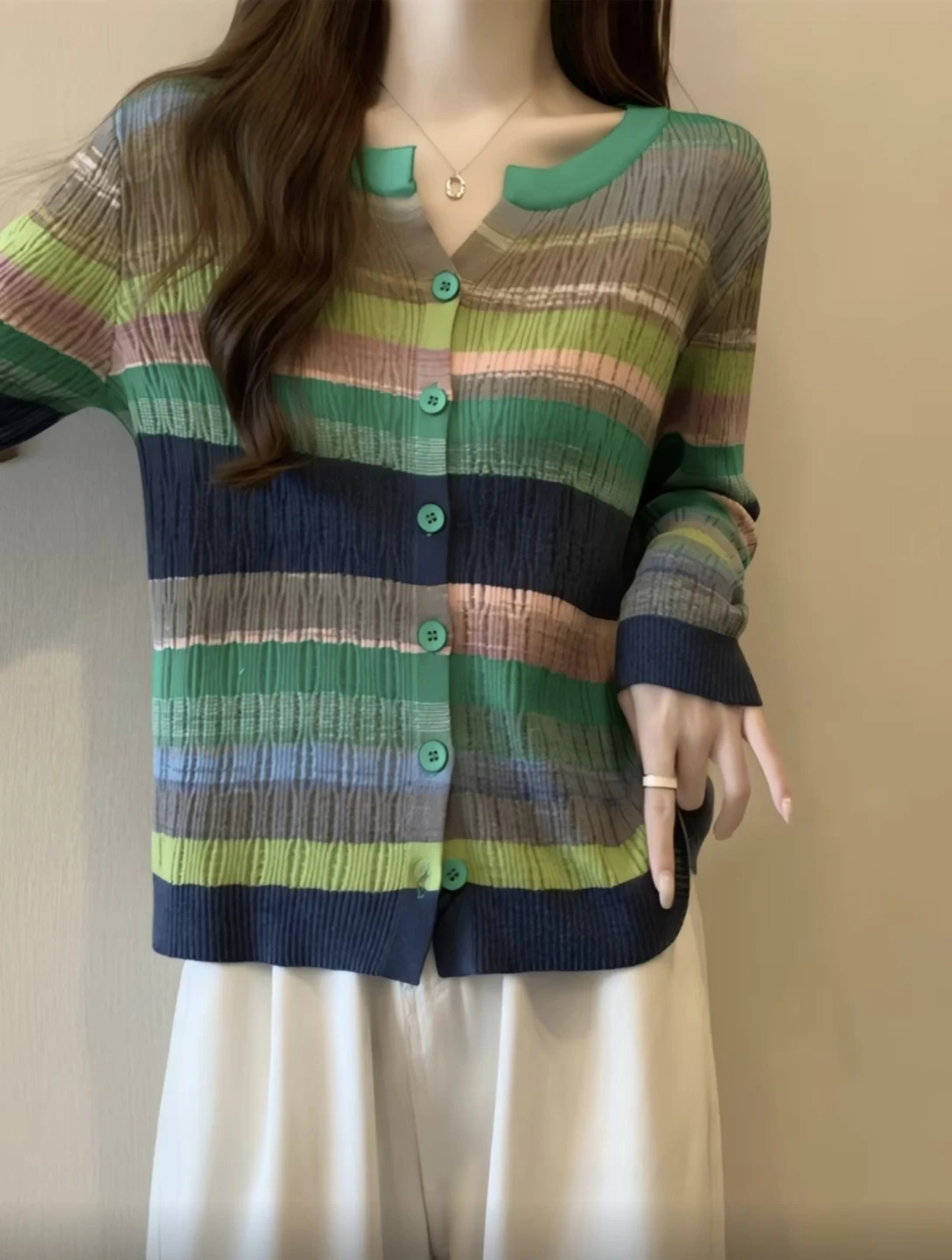 Striped Multicolor Lightweight Button-Up Sweater Cardigan - photo 2