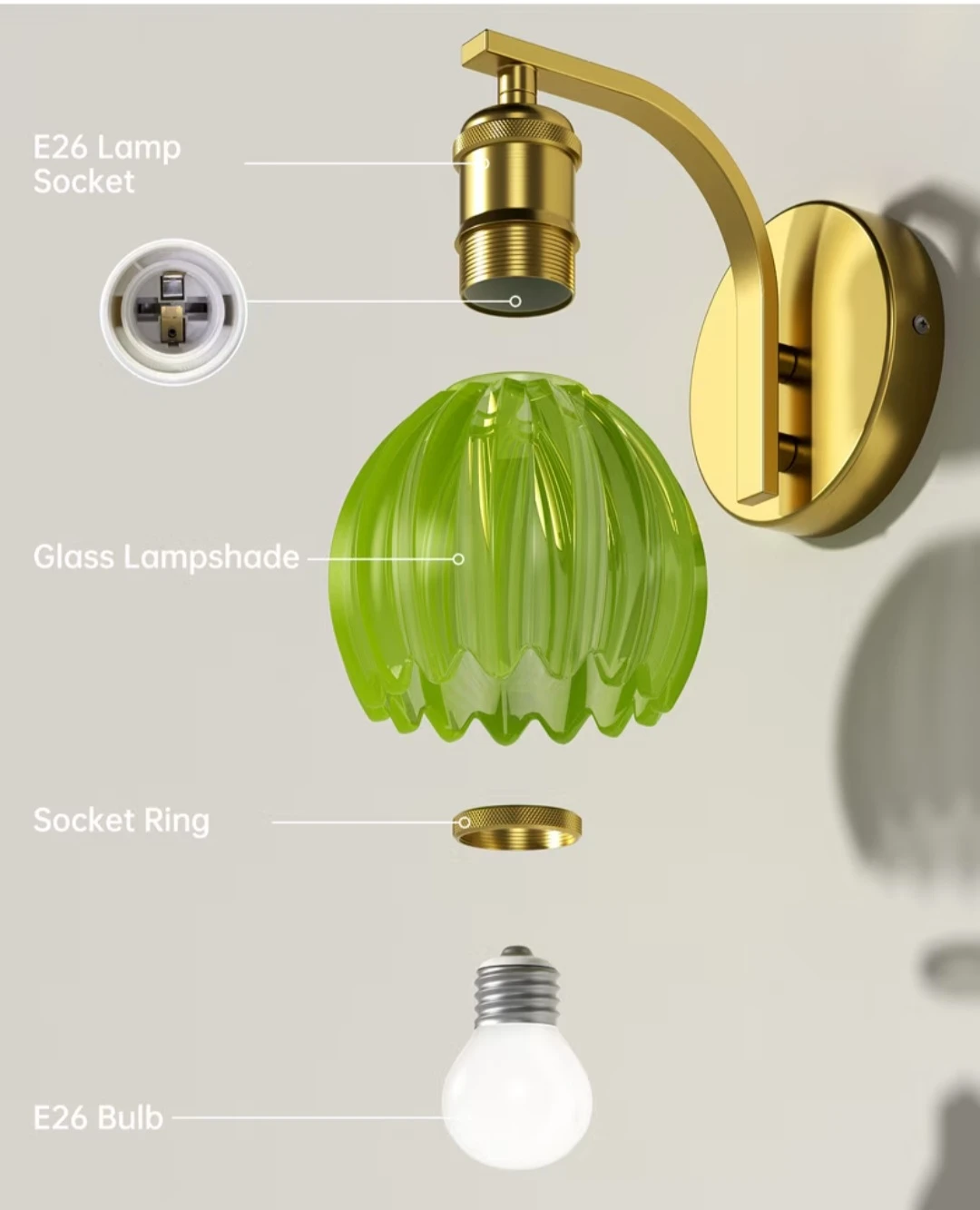 Set of 2 Green Glass Wall Sconces with Brass Finish - photo 2