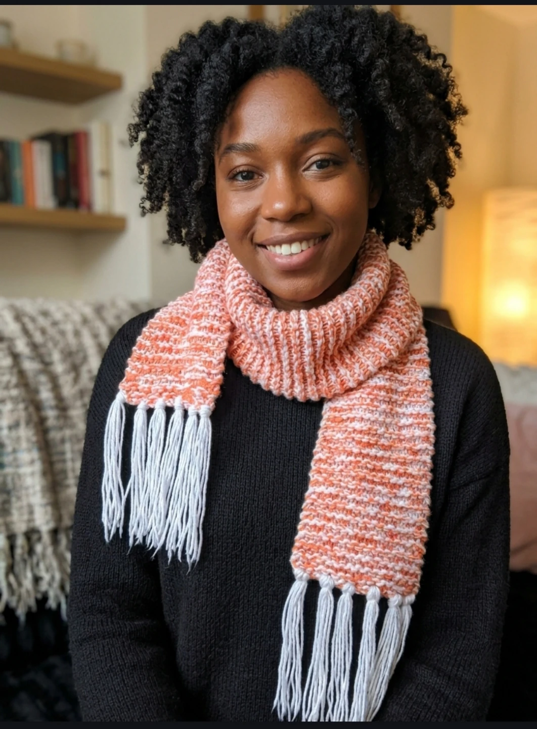 NEW Hand-knitted orange and white scarf with fringe