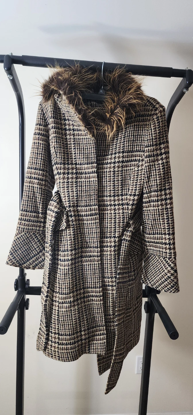 Plaid Coat with Faux Fur Collar