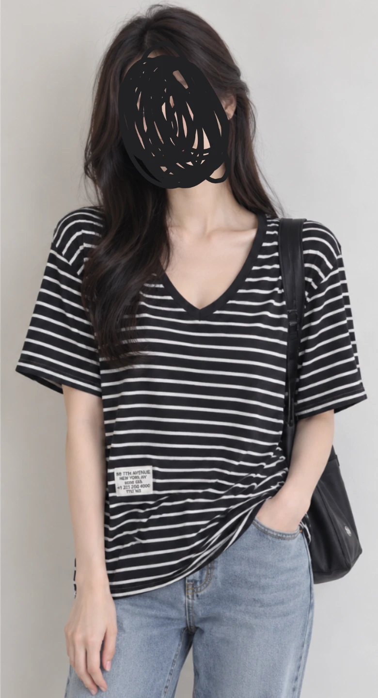Black and white striped V-neck t-shirt