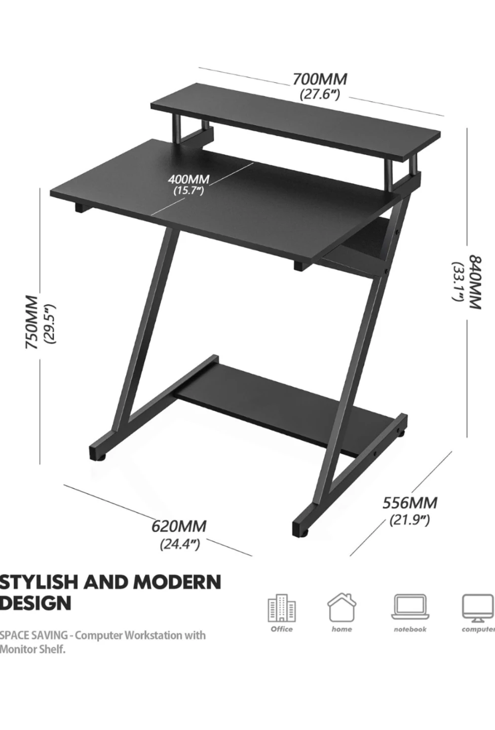 Black Z-Shaped Computer Workstation with Monitor Shelf - photo 2