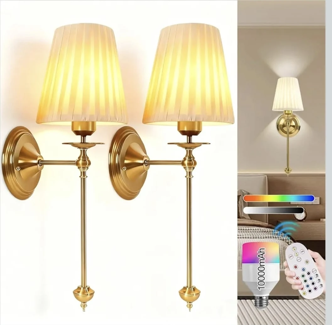 Set of Two Gold Wall Sconce Lamps with Remote
