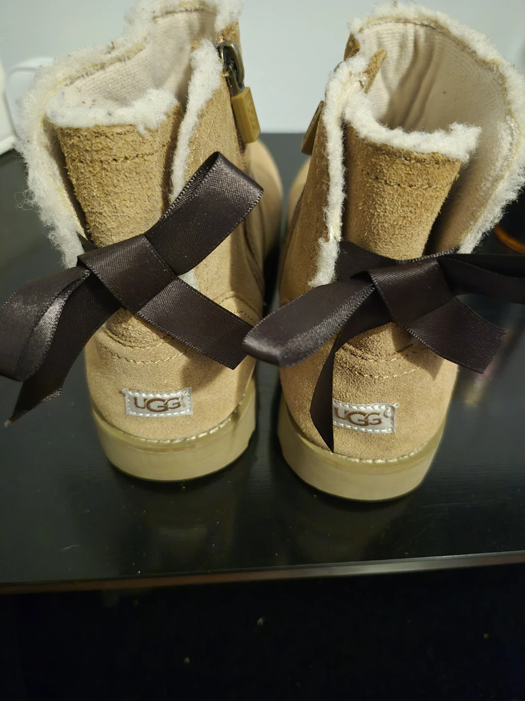 UGG Tan Suede Ankle Boots with Ribbon Detail
