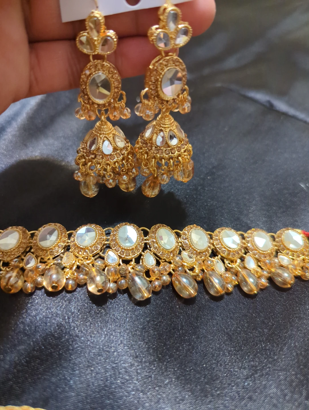 Gold Tone Mirror Jhumka Earring and Necklace Set - photo 3