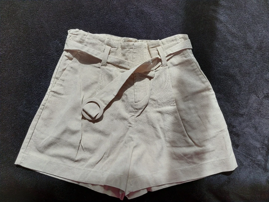 Beige Belted High-Waisted Shorts