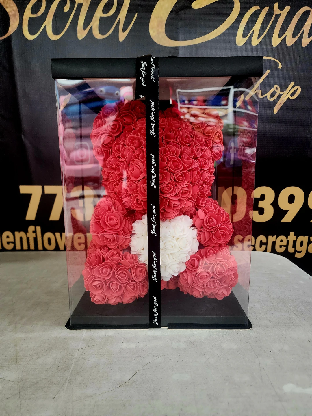 Red Rose Flower Teddy Bear with White Heart