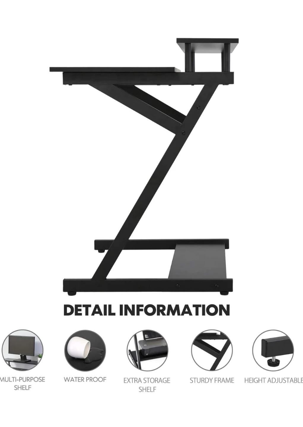 Black Z-Shaped Computer Workstation with Monitor Shelf - photo 3