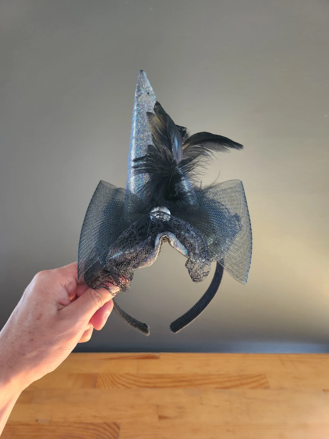 Mini Witch Hat Headband with Feathers and Lace