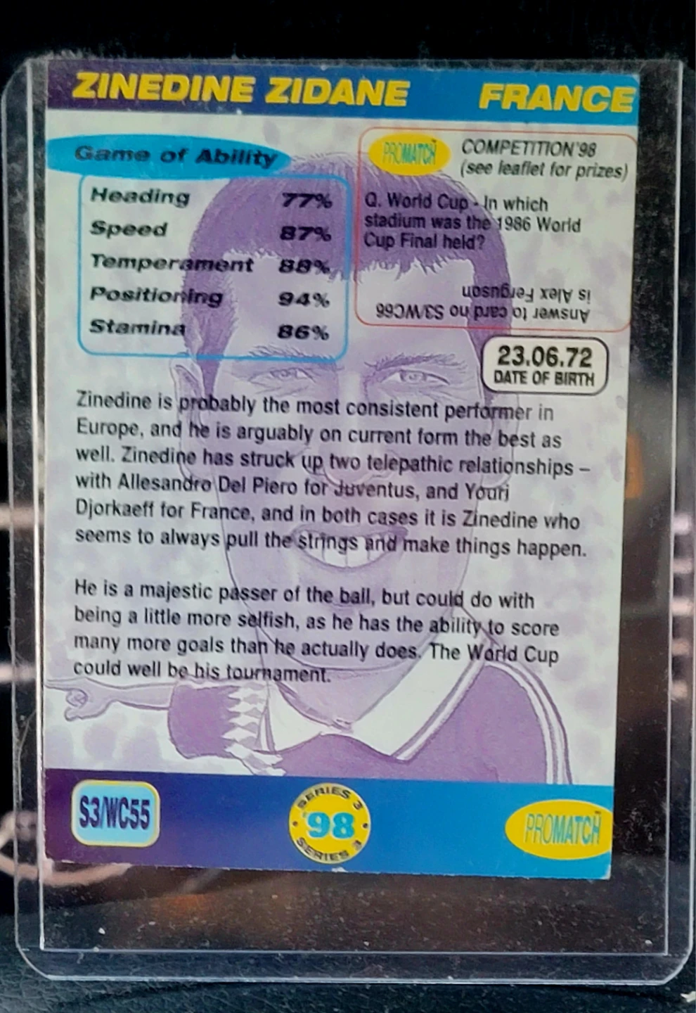 Zinedine Zidane 1998 Promatch Series 3 Trading Card - photo 2