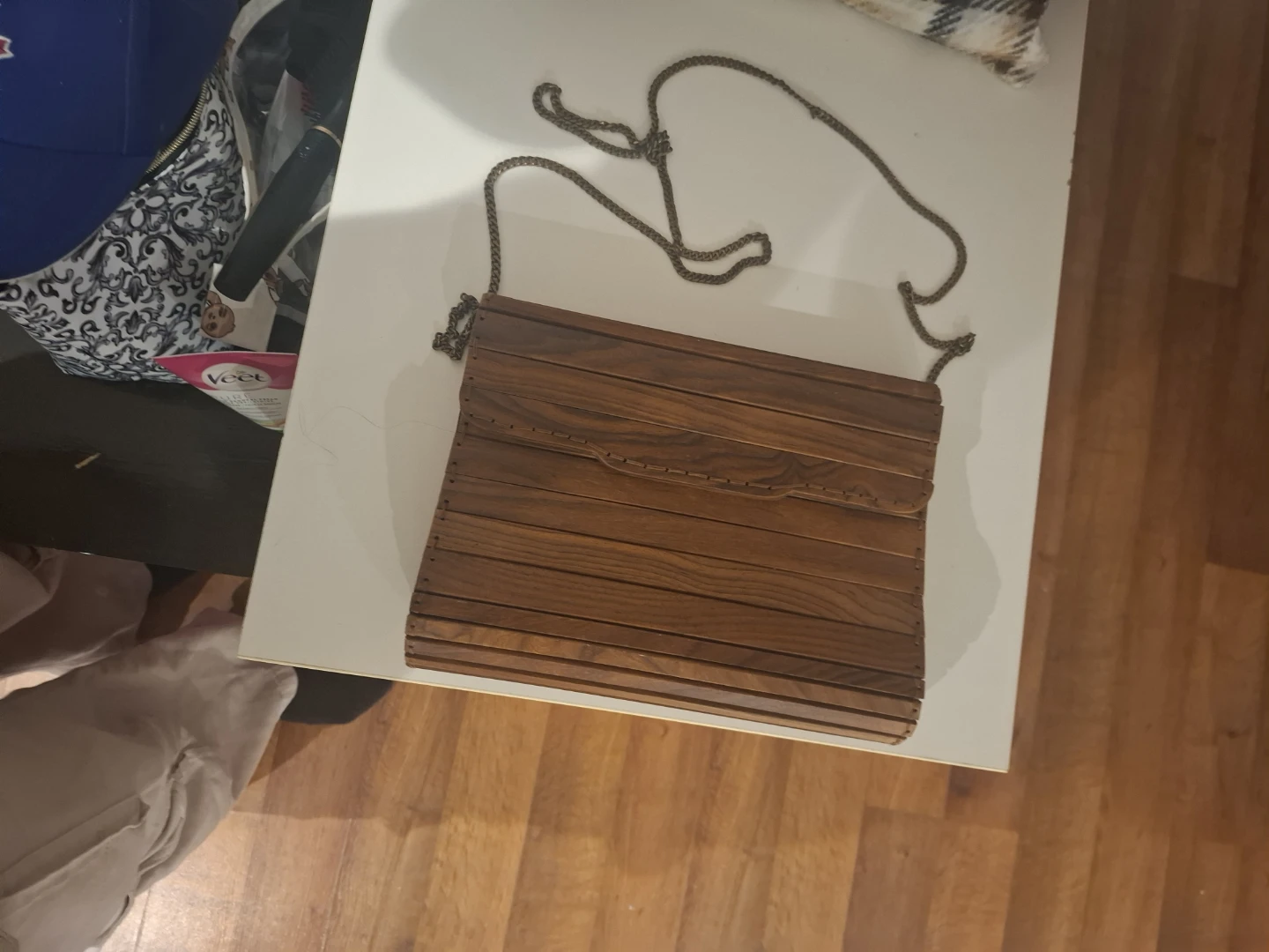 Wooden slat crossbody handbag