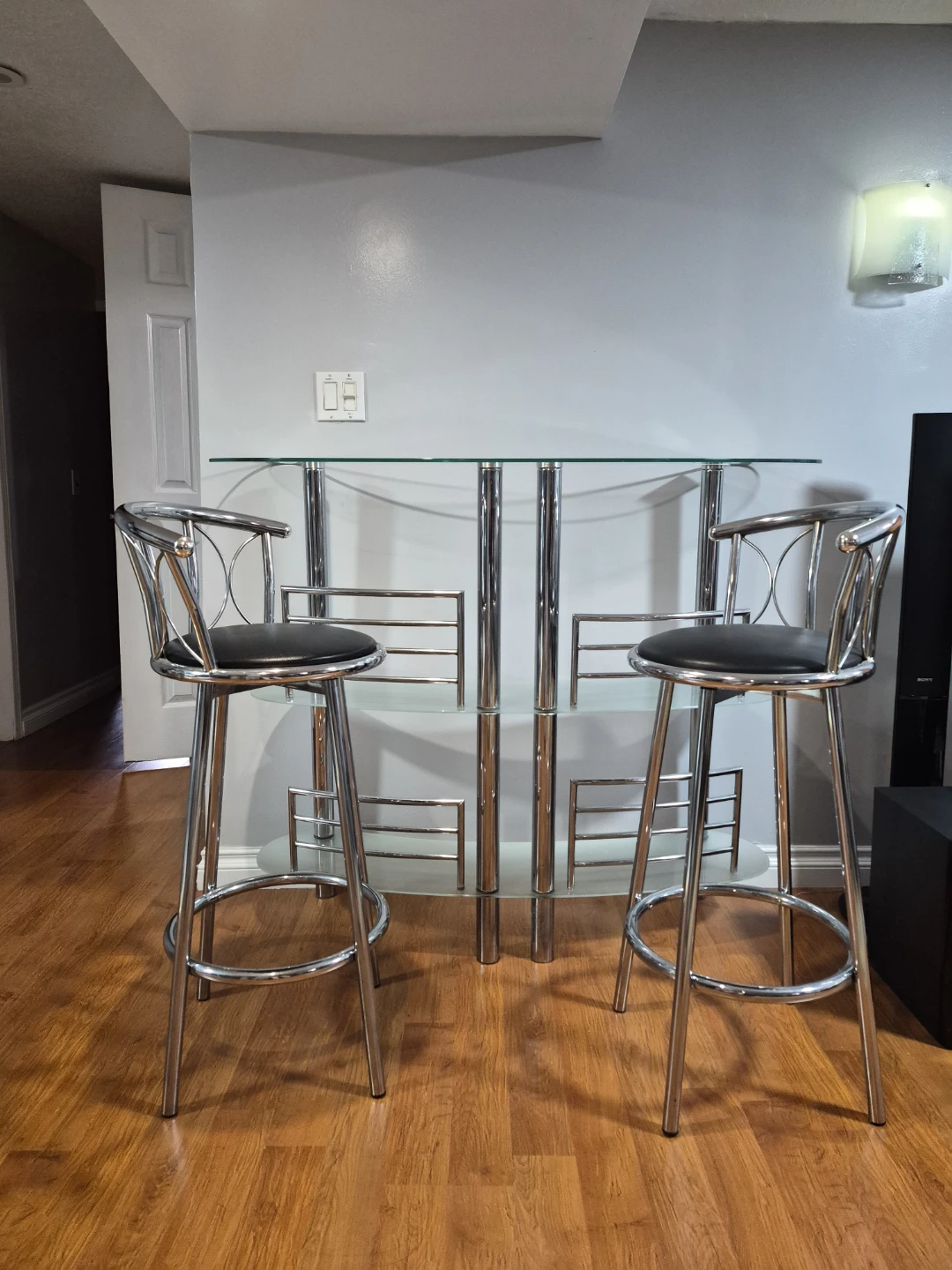 Glass Pub Table with Two Chrome Bar Stools