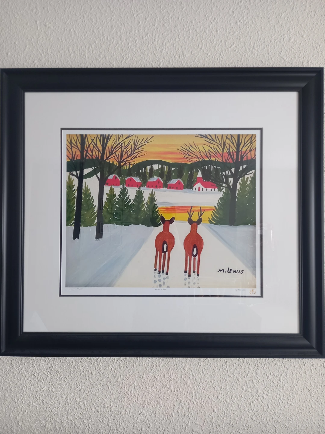 M. Lewis Framed Print - Two Deer at Sunset