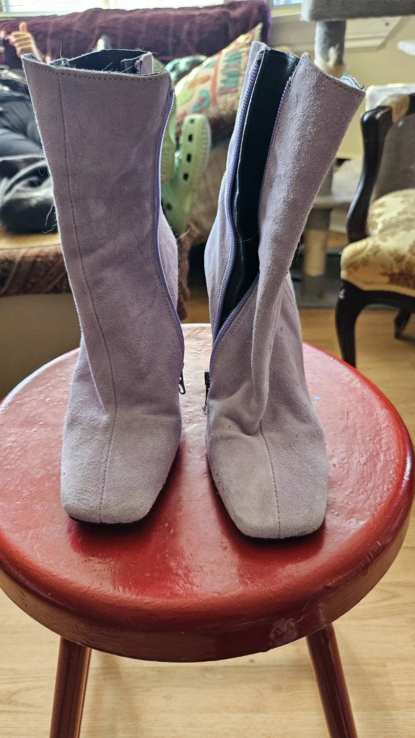 Lavender Suede Ankle Boots with Transparent Heels