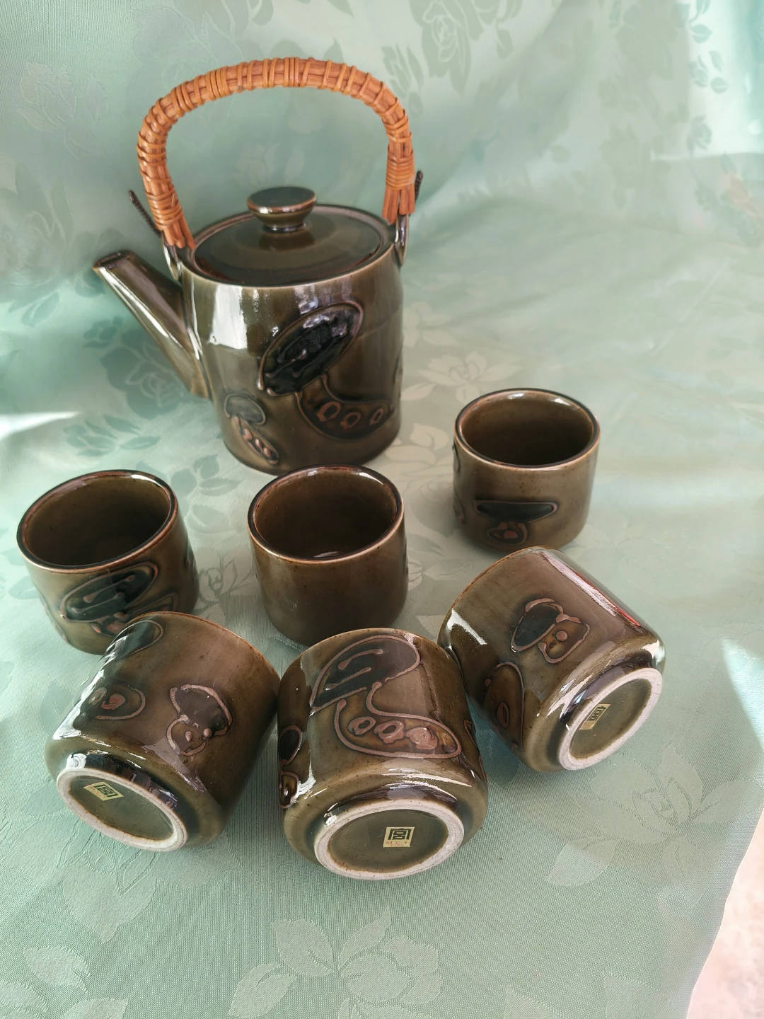 Vintage Japanese Ceramic Tea Set with Rattan Handle