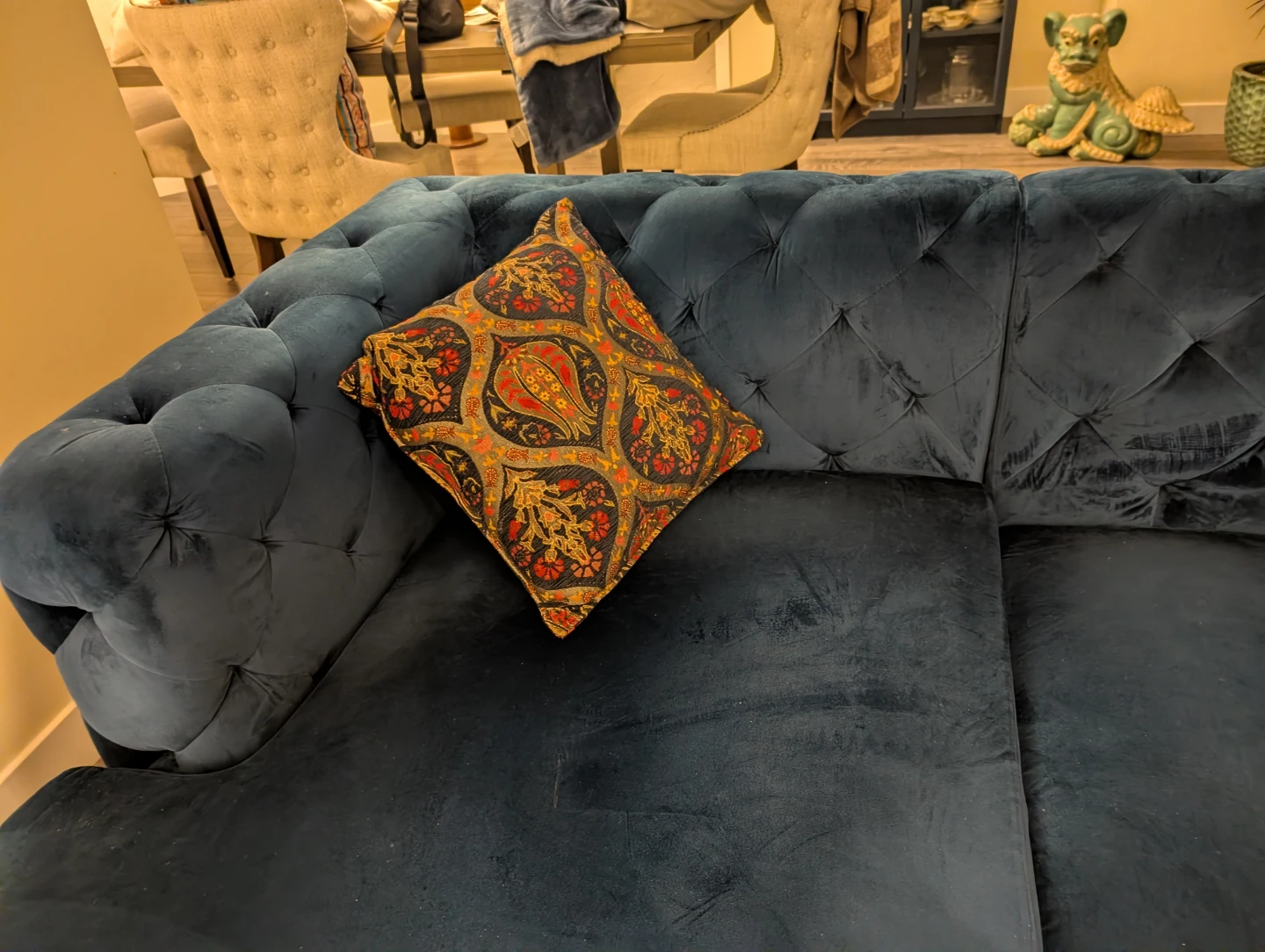 Navy Blue Velvet Sectional Sofa with Matching Ottoman - photo 2
