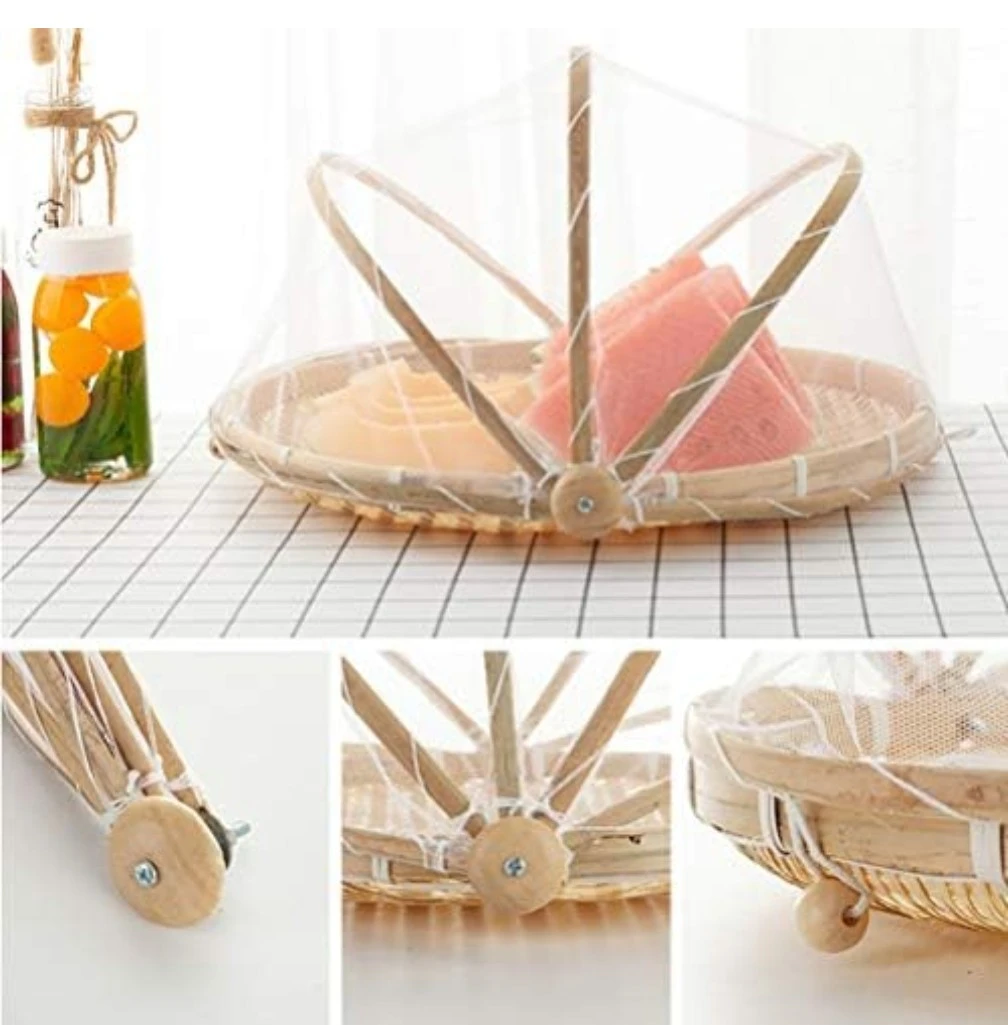 Bamboo Fruit basket / Food Serving Tray with Mesh Cover - photo 2