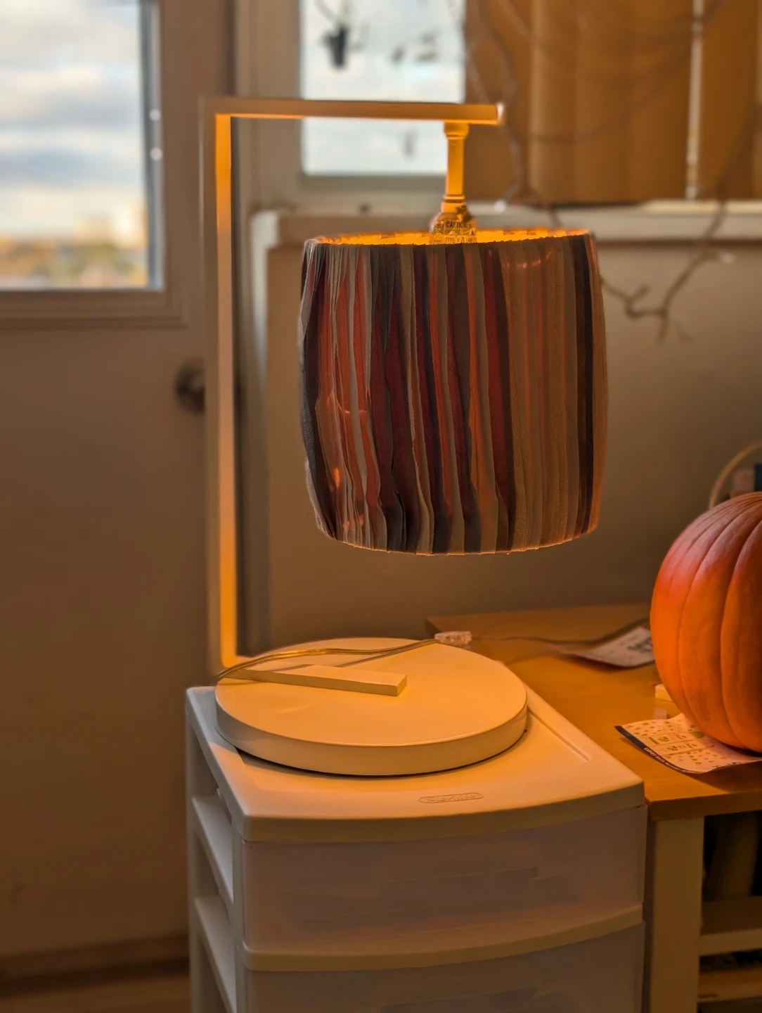 Modern White Table Lamp with Striped Shade