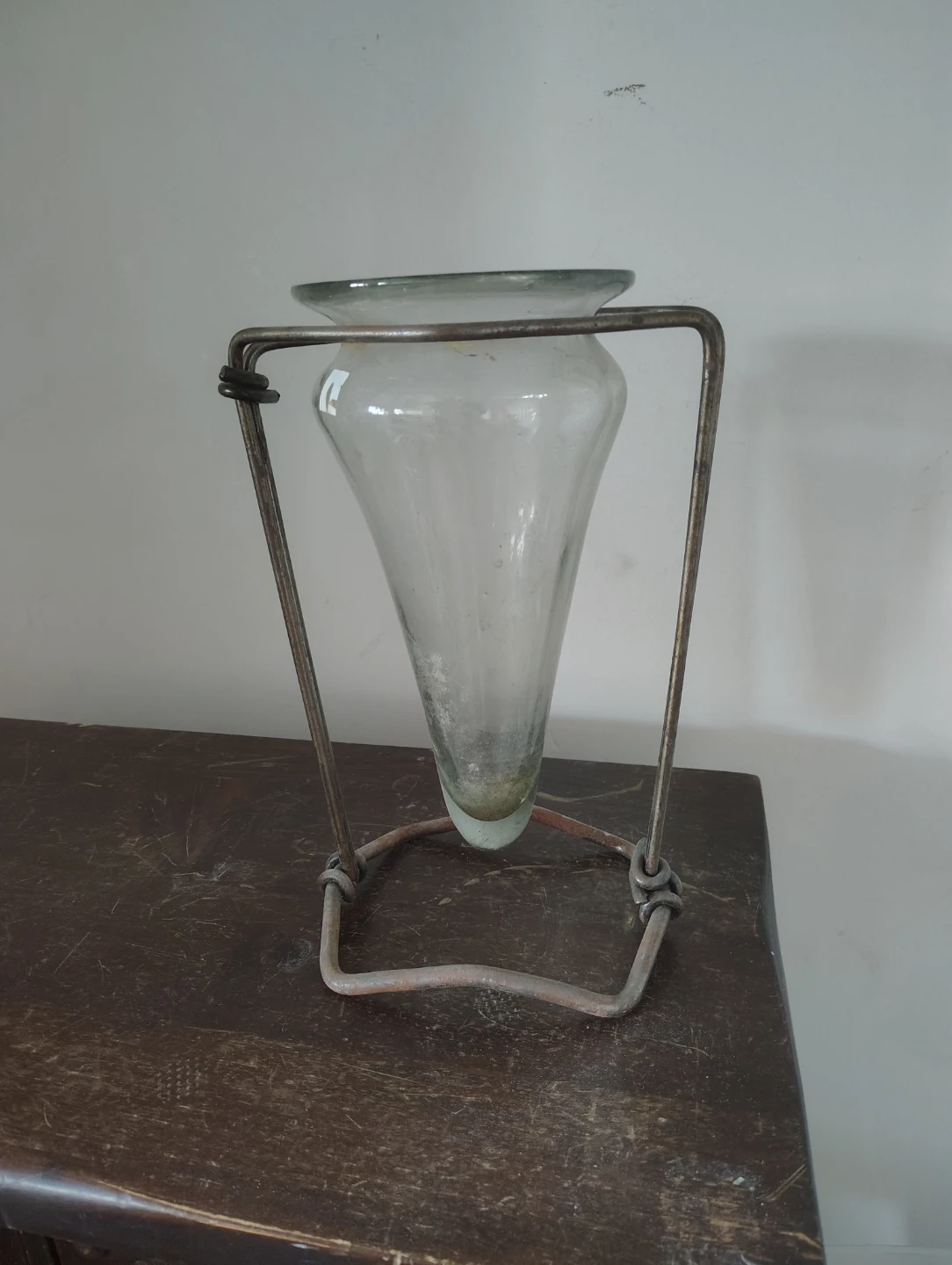 Vintage Cone-Shaped Glass Vase in Metal Stand