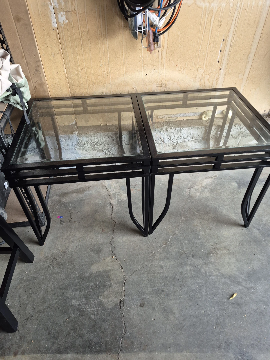 Set of Two Black Metal and Glass Side Tables