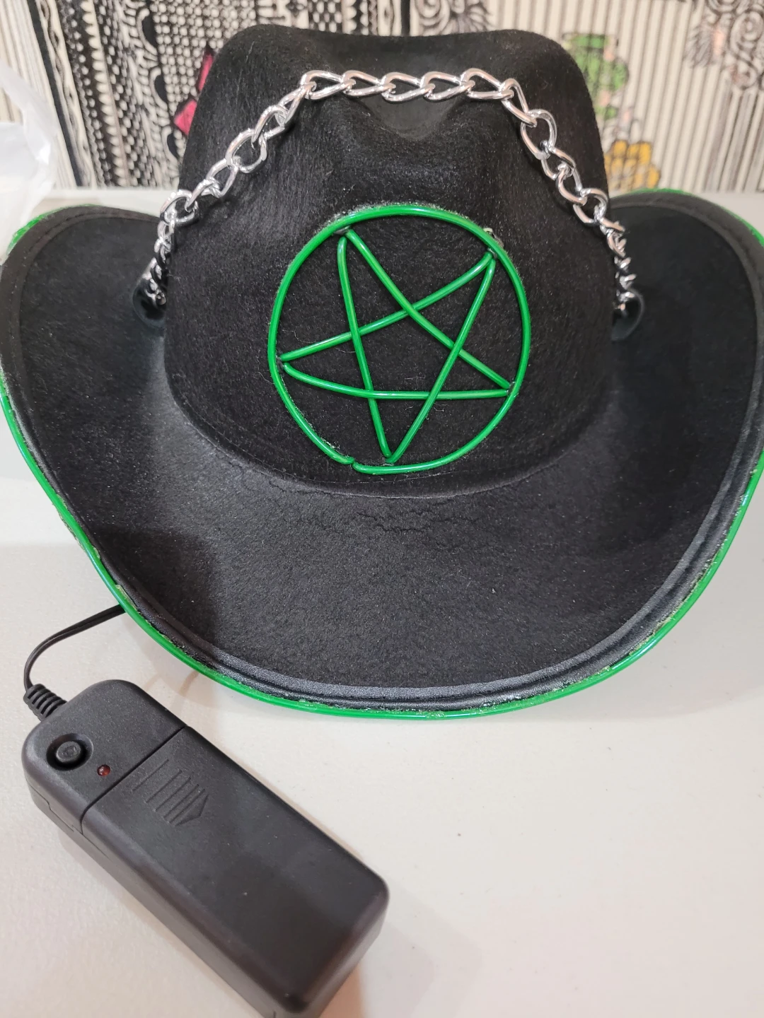 Halloween Light-up Black Cowboy Hat with Green Pentagram - photo 2