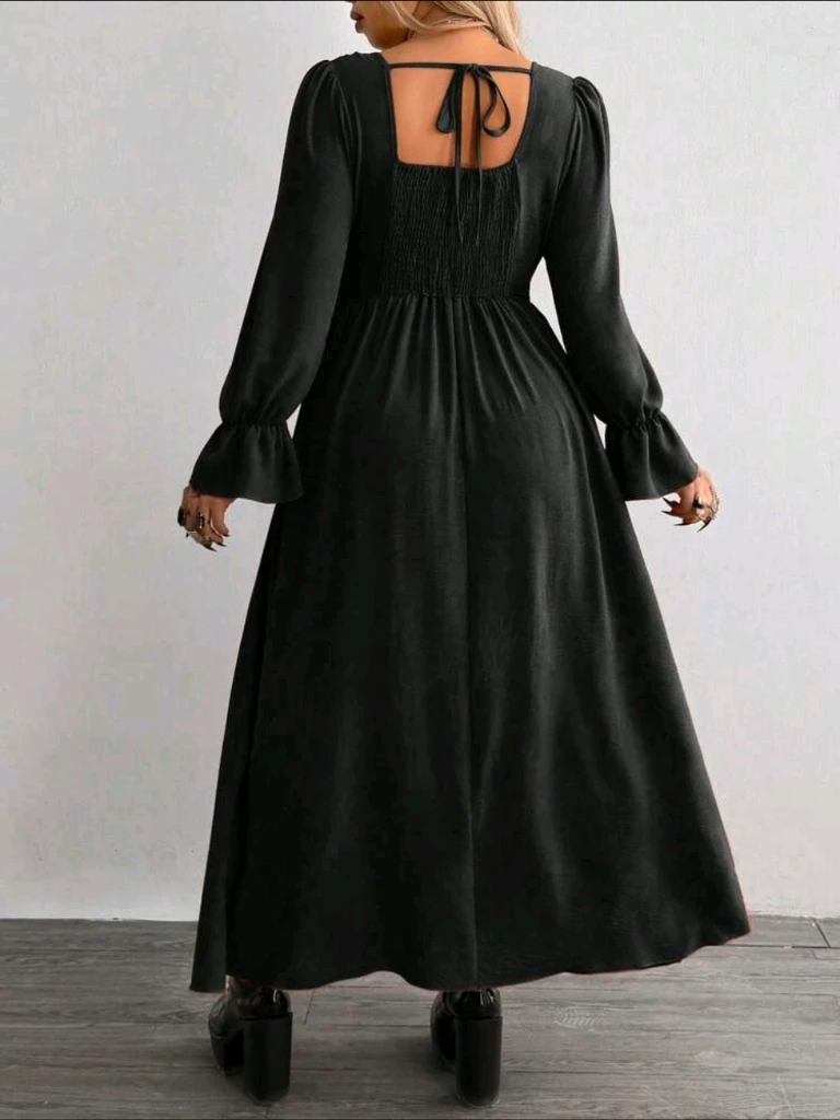Black Lace-Up Leaf Pattern Long Dress - photo 2