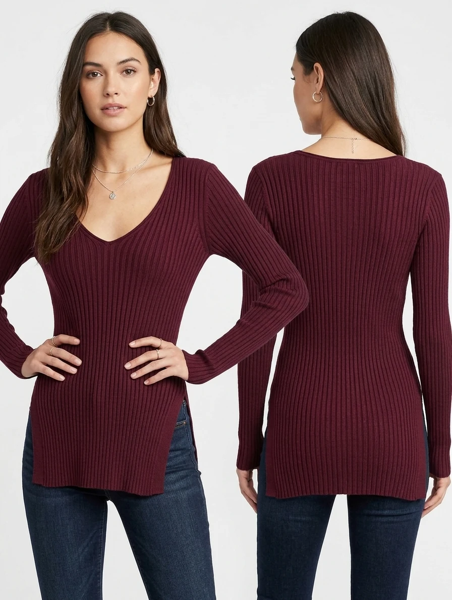 Maroon Ribbed V-Neck Long Sleeve Top