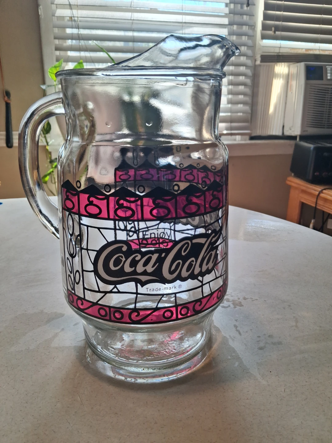 Vintage 1970's Coca-Cola Stained Glass Design Glass Pitcher
