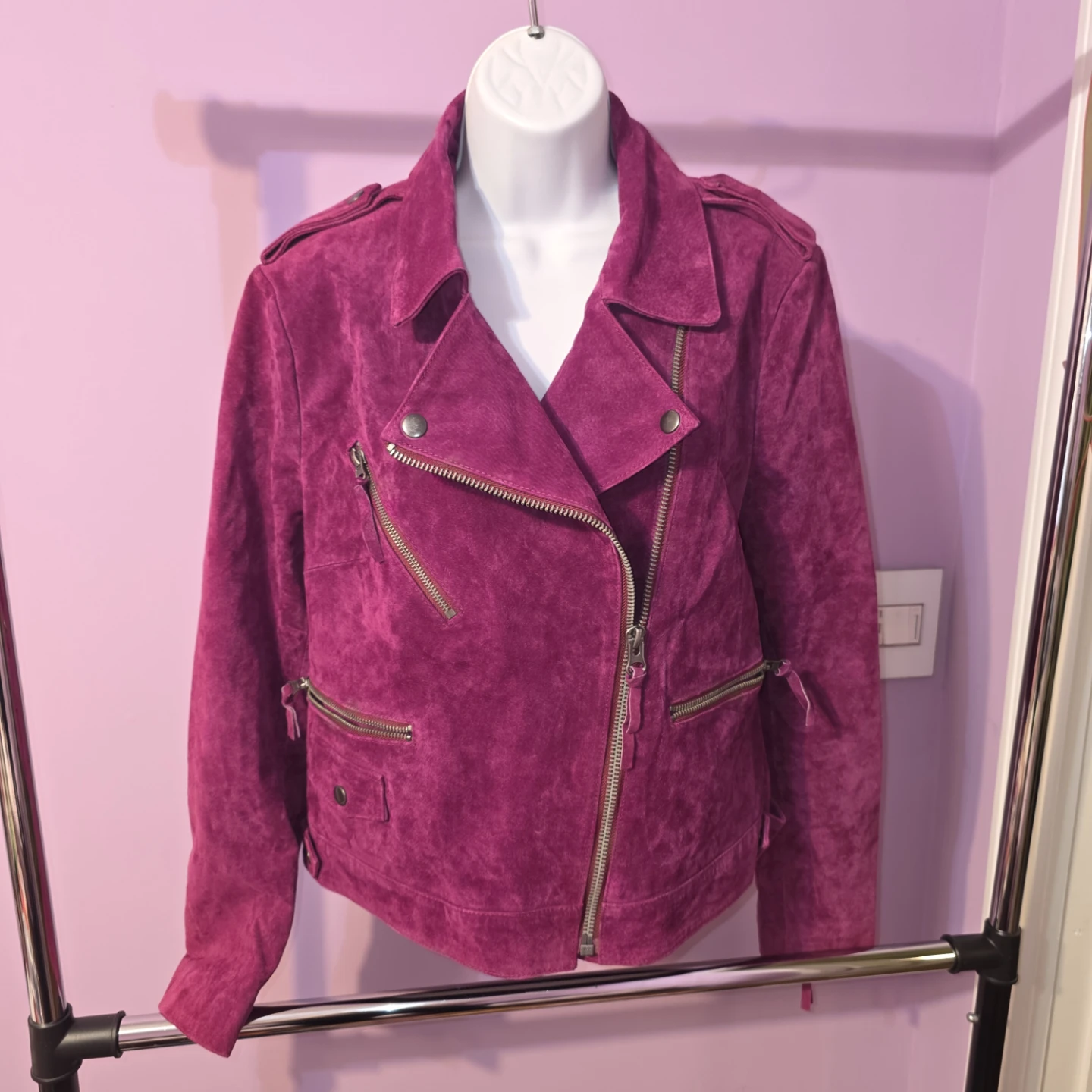 ASOS Pink Fucsia Suede Biker Jacket Size 12