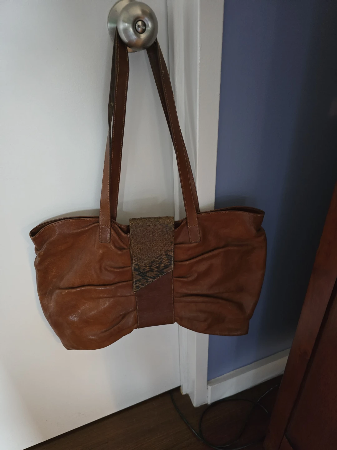 Furla Brown Leather Shoulder Bag Vintage Snakeskin Clasp