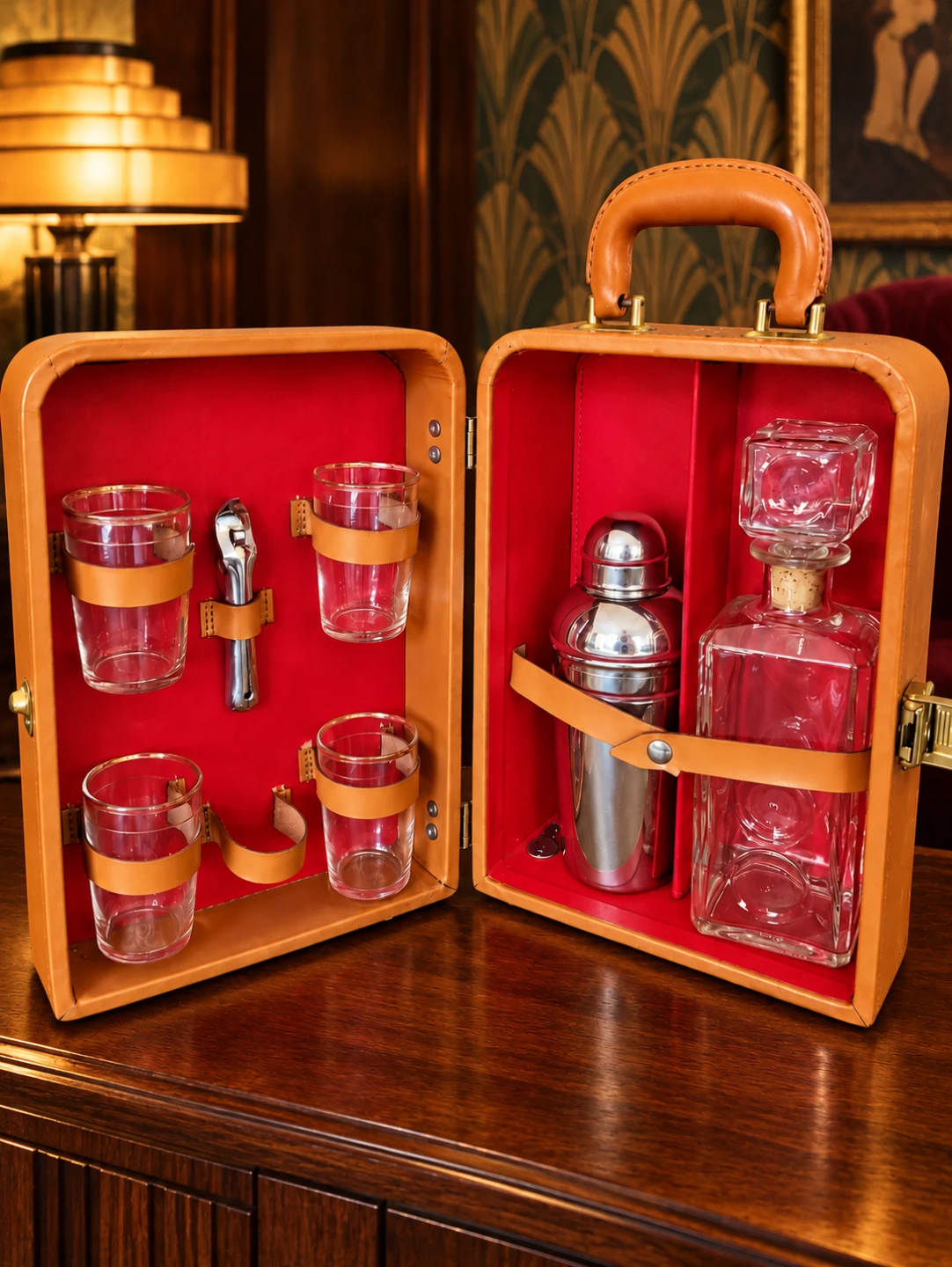 Vintage 40s Portable leather Travel Bar Set with accessories