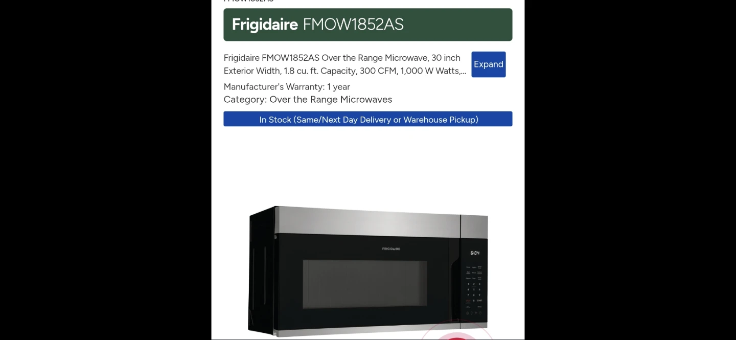 Frigidaire FMOW1852AS Over the Range Microwave