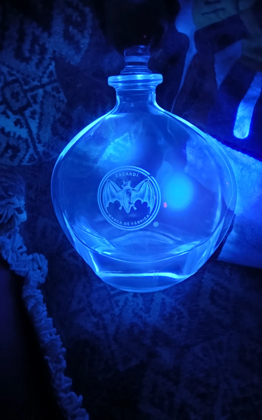 RARE Bacardi Etched Lead Crystal Decanter UV Ice-Blue