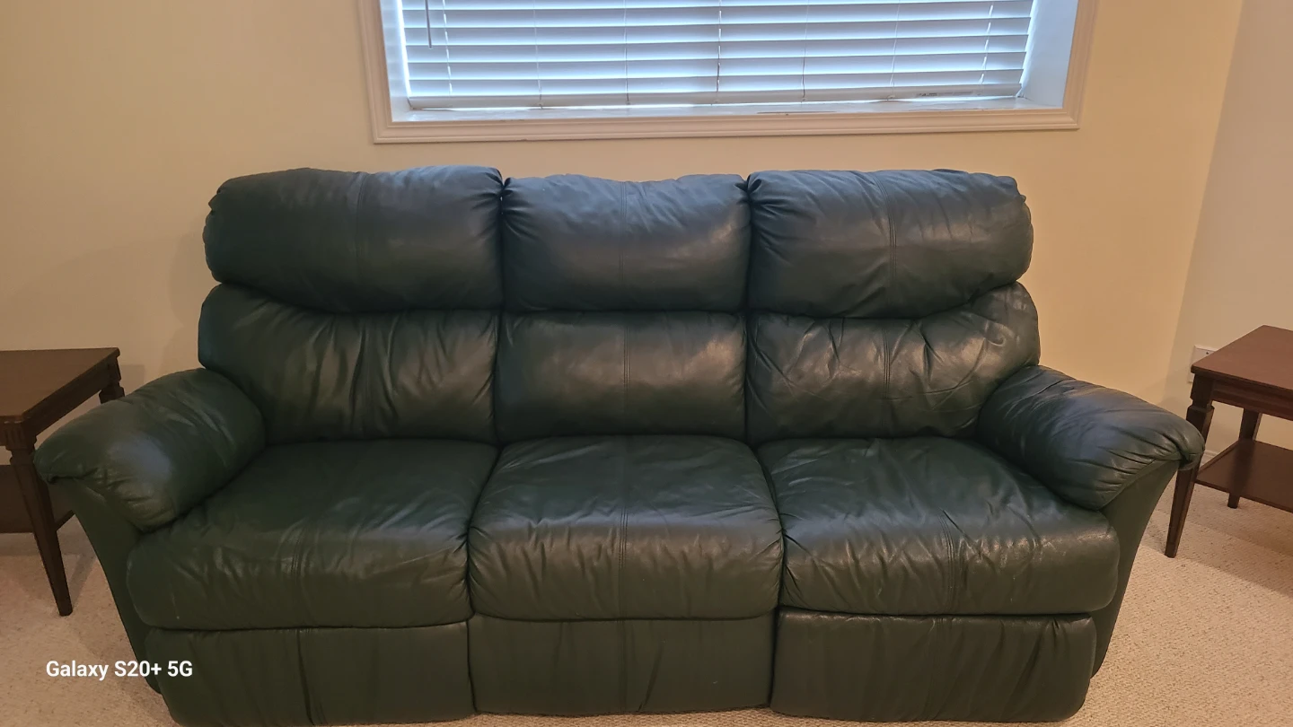 Dark green leather reclining sofa and loveseat - photo 2