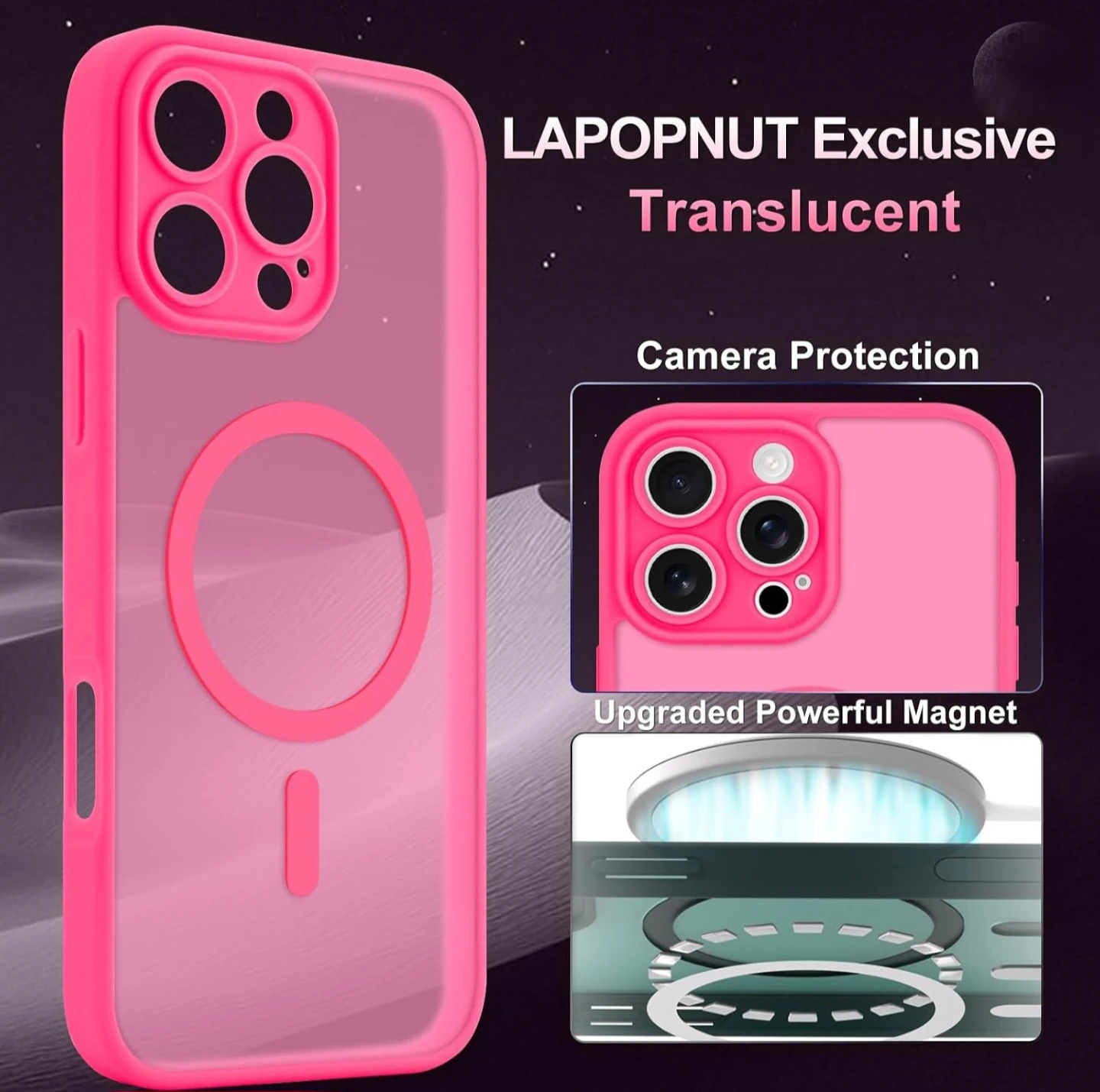 iPhone 16 Pro Max Case Magnetic Translucent Cover,Hot Pink - photo 5