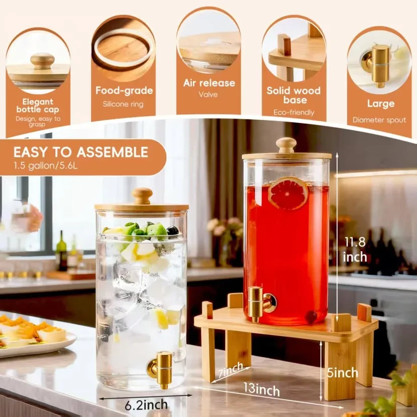 Glass Beverage Dispenser Set with Wood Stand - photo 2