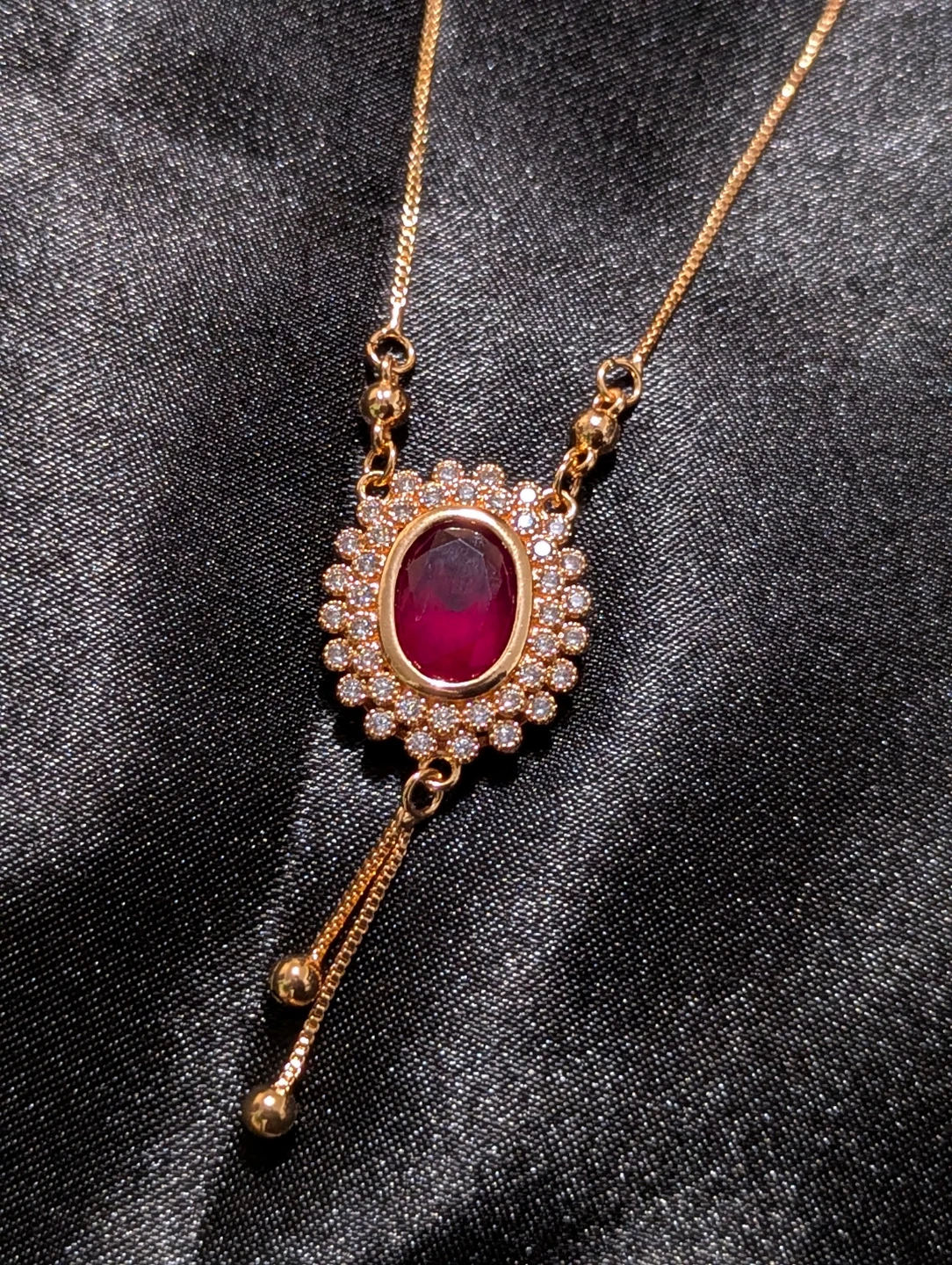 Rose Gold Tone Ruby and Crystal Necklace