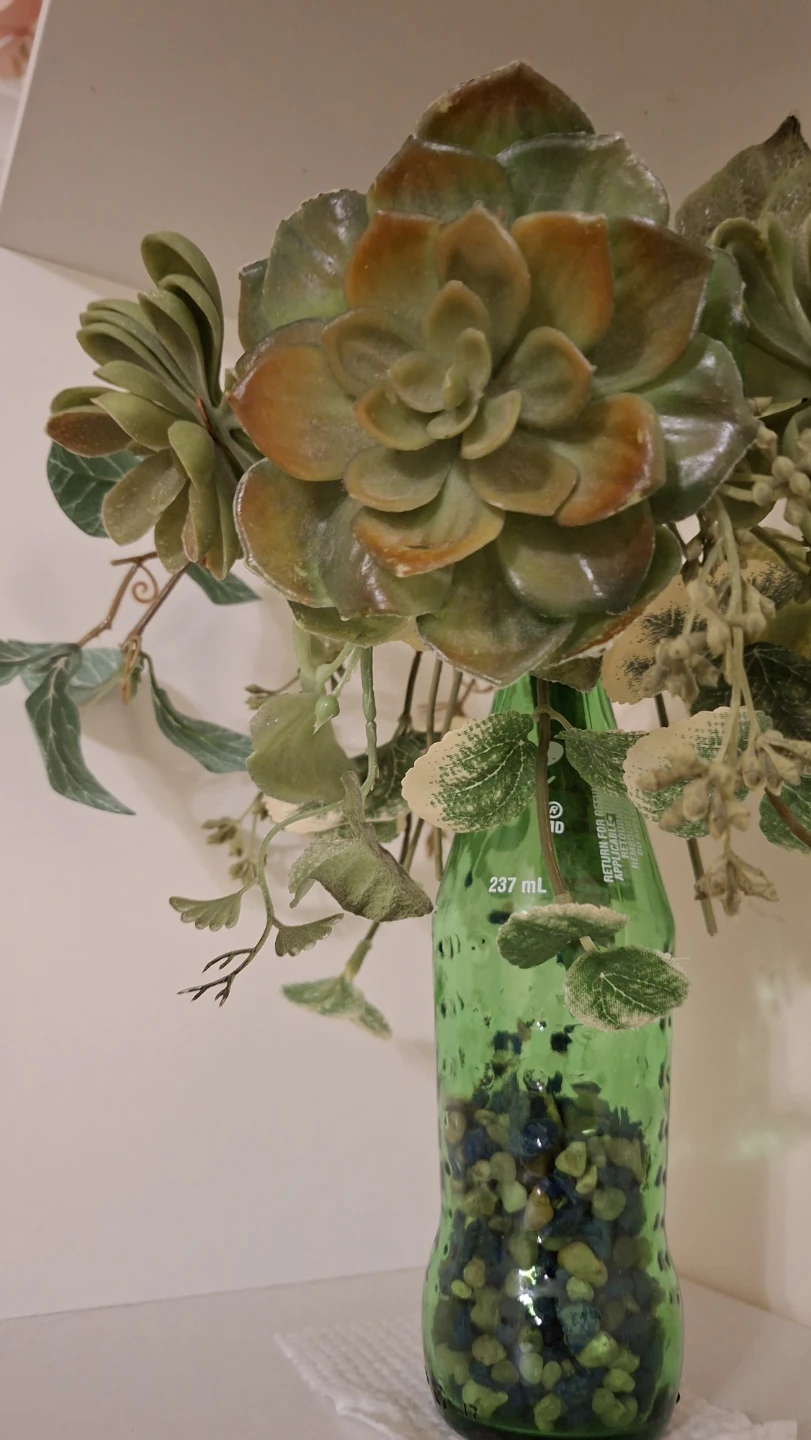 Artificial succulent arrangement in glass bottle - photo 2